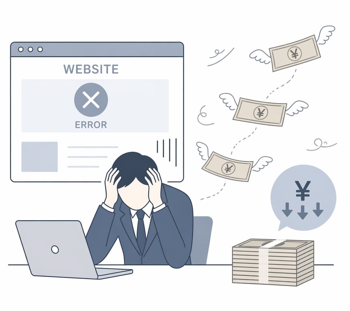 エラー表示のWebサイトの前で頭を抱える男性と、羽が生えて飛んでいくお札、下向き矢印の付いた円マークを描いた、制作費が無駄になる失敗を表すイラスト