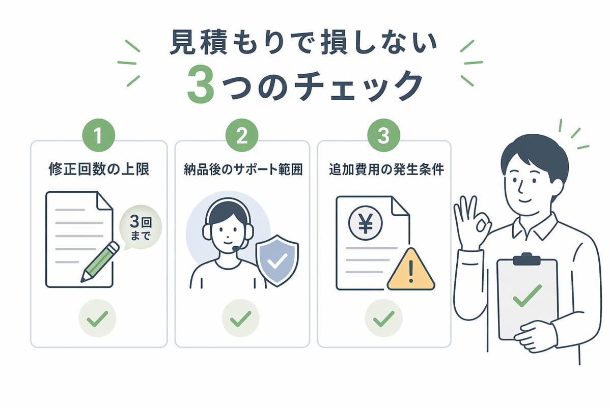 見積もりで損しない3つのチェック。①修正回数の上限 ②納品後のサポート範囲 ③追加費用の発生条件。男性がチェック済みのボードを持ってOKサインをしている