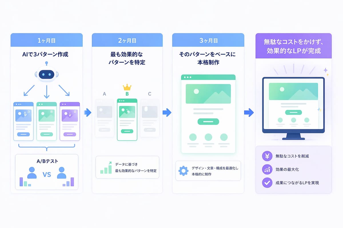 1ヶ月目にAIで3パターン作成してA/Bテスト、2ヶ月目に最も効果的なパターンを特定、3ヶ月目にそのパターンをベースに本格制作し、無駄なコストをかけずに効果的なLPが完成する流れ