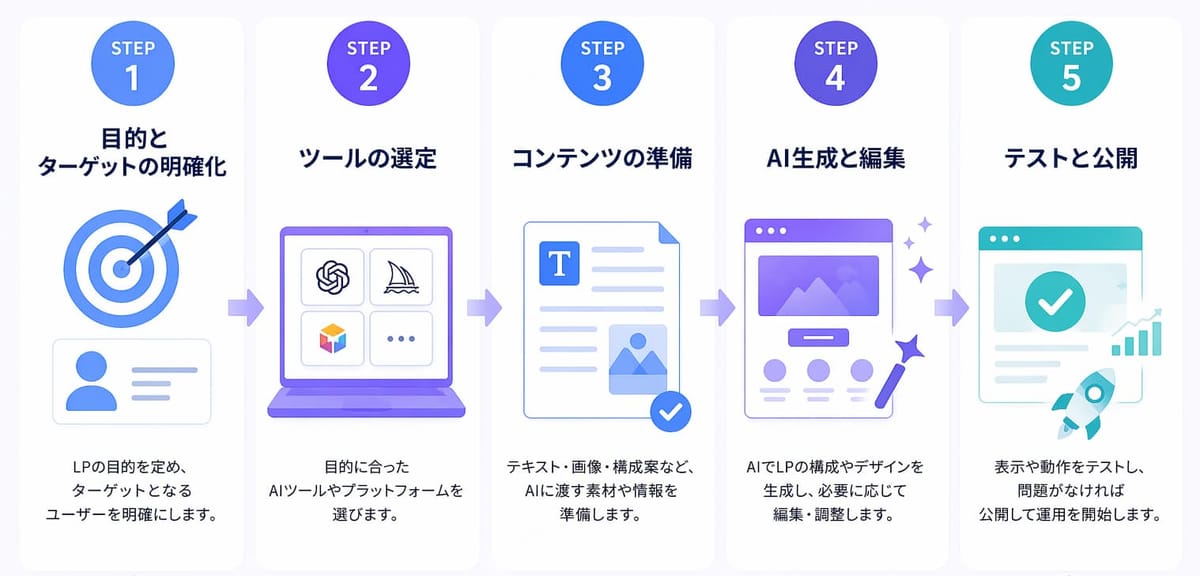 AIでLPを作る5ステップ。STEP1 目的とターゲットの明確化、STEP2 ツールの選定、STEP3 コンテンツの準備、STEP4 AI生成と編集、STEP5 テストと公開、と各工程の説明