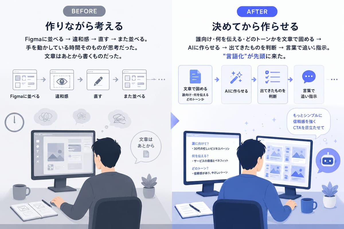 AI時代のWebデザイナーの働き方の変化を比較した図。左側は「作りながら考える」従来の制作フローで、Figmaにデザインを並べて確認・修正を繰り返しながら思考する様子を表現。右側は「決めてから作らせる」現在の制作フローで、ターゲットや訴求内容を文章で整理した後にAIへ指示し、生成結果を判断・修正する流れを表現している。思考の中心がデザイン作業から言語化へ移ったことを示す比較図。